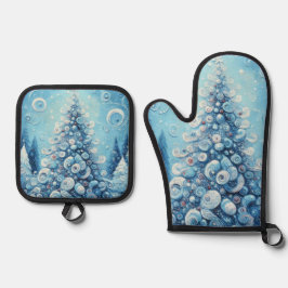 Whimsical Impressionistischer Weihnachtsbaum Blue Ofenhandschuh & Topflappen-Set