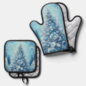Whimsical Impressionistischer Weihnachtsbaum Blue Ofenhandschuh & Topflappen-Set (Vorderseite/Rückseite)