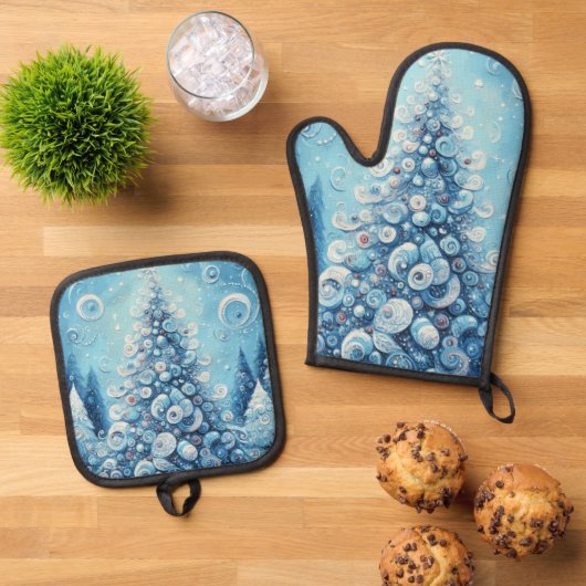 Whimsical Impressionistischer Weihnachtsbaum Blue Ofenhandschuh & Topflappen-Set (Oben Unten)