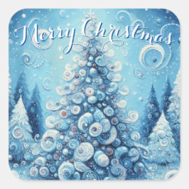Whimsical Impressionistischer Weihnachtsbaum Blue Quadratischer Aufkleber