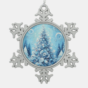 Whimsical Impressionistischer Weihnachtsbaum Blue Schneeflocken Zinn-Ornament