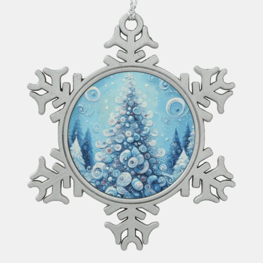 Whimsical Impressionistischer Weihnachtsbaum Blue Schneeflocken Zinn-Ornament (Vorderseite)