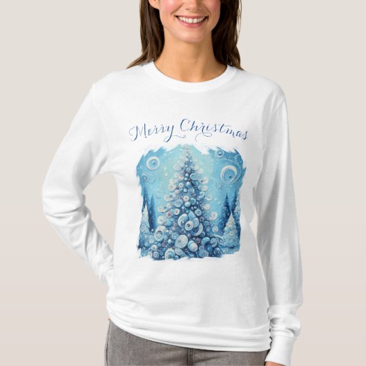 Whimsical Impressionistischer Weihnachtsbaum Blue T-Shirt (Vorderseite)