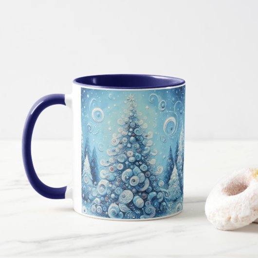 Whimsical Impressionistischer Weihnachtsbaum Blue Tasse (Mit Donut)