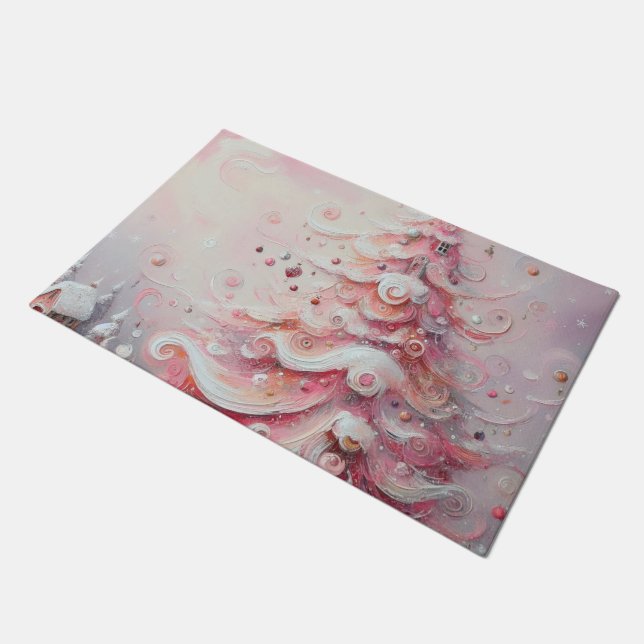 Whimsical Impressionistischer Weihnachtsbaum Pink Fußmatte (Schrägansicht)