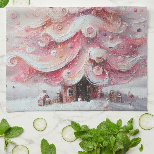 Whimsical Impressionistischer Weihnachtsbaum Pink Geschirrtuch (Gefaltet)