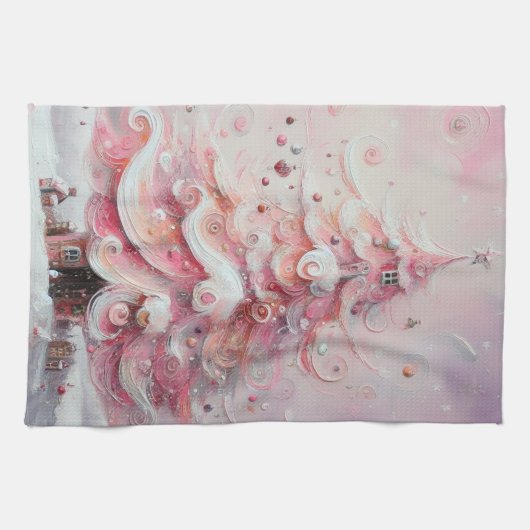Whimsical Impressionistischer Weihnachtsbaum Pink Geschirrtuch (Horizontal)
