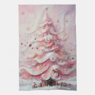 Whimsical Impressionistischer Weihnachtsbaum Pink Geschirrtuch