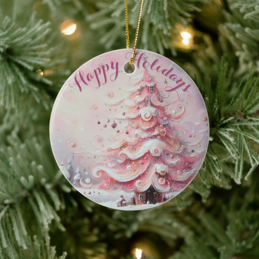 Whimsical Impressionistischer Weihnachtsbaum Pink Keramik Ornament (Baum)