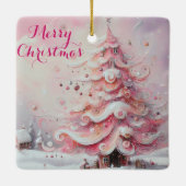 Whimsical Impressionistischer Weihnachtsbaum Pink Keramikornament (Rückseite)