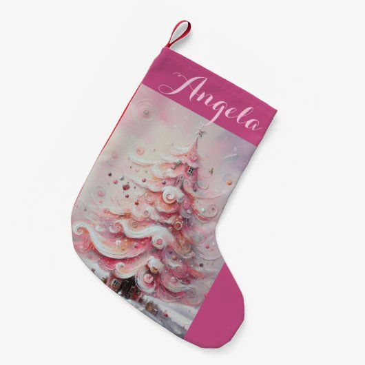 Whimsical Impressionistischer Weihnachtsbaum Pink Kleiner Weihnachtsstrumpf (Vorderansicht (hängend))