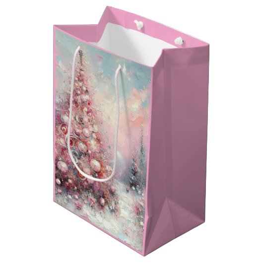Whimsical Impressionistischer Weihnachtsbaum Pink Mittlere Geschenktüte (Vorderseite Schrägansicht)