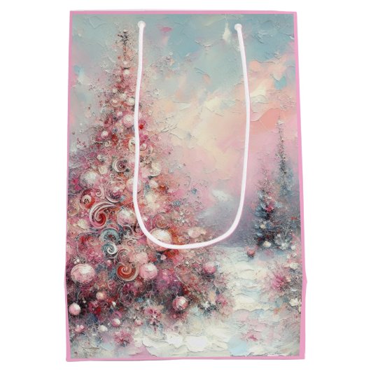 Whimsical Impressionistischer Weihnachtsbaum Pink  Mittlere Geschenktüte (Rückseite)
