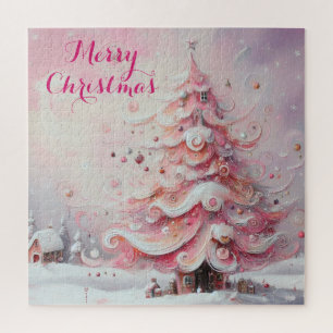 Whimsical Impressionistischer Weihnachtsbaum Pink Puzzle