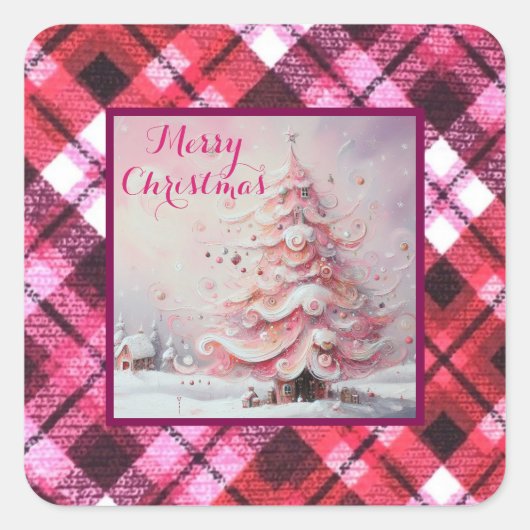 Whimsical Impressionistischer Weihnachtsbaum Pink Quadratischer Aufkleber (Vorderseite)