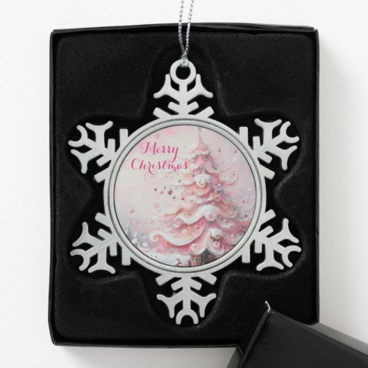 Whimsical Impressionistischer Weihnachtsbaum Pink Schneeflocken Zinn-Ornament (Box)