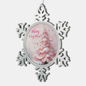 Whimsical Impressionistischer Weihnachtsbaum Pink Schneeflocken Zinn-Ornament (Rechts)
