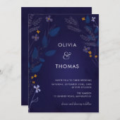 Whimsical Indigo Honey Illustration Flora Wedding Einladung (Vorne/Hinten)