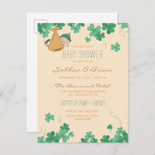 Whimsical Irish Themed Kleeblatt Babydusche Einladungspostkarte (Vorne/Hinten)