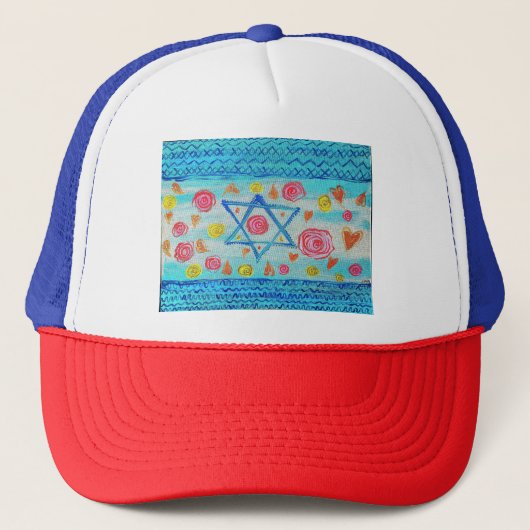 Whimsical israelische Flagge Hut mit Blume & Herze Truckerkappe (Vorderseite)