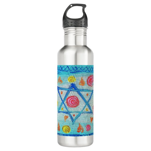 Whimsical israelische Flagge mit Blume & Herzen Edelstahlflasche (Vorderseite)