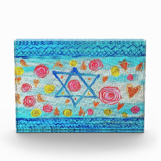 Whimsical israelische Flagge mit Blume & Herzen Fotoblock (Vorderseite)