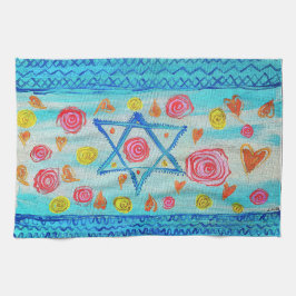 Whimsical israelische Flagge mit Blume & Herzen Geschirrtuch