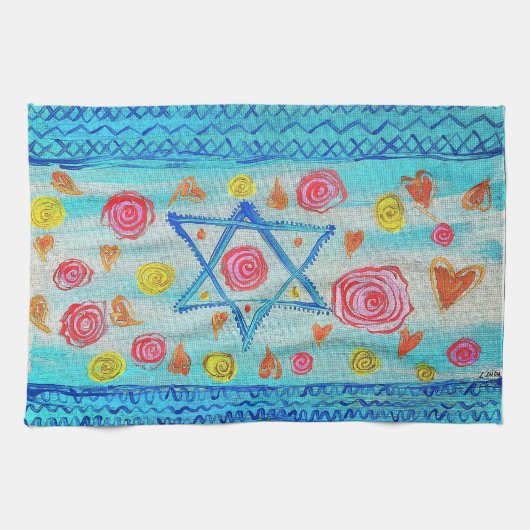 Whimsical israelische Flagge mit Blume & Herzen Geschirrtuch (Horizontal)