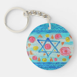 Whimsical israelische Flagge mit Blume & Herzen Schlüsselanhänger