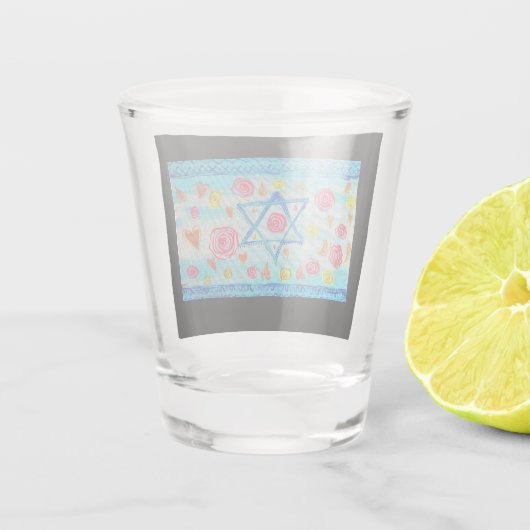 Whimsical israelische Flagge mit Blume & Herzen Schnapsglas (Rückseite)