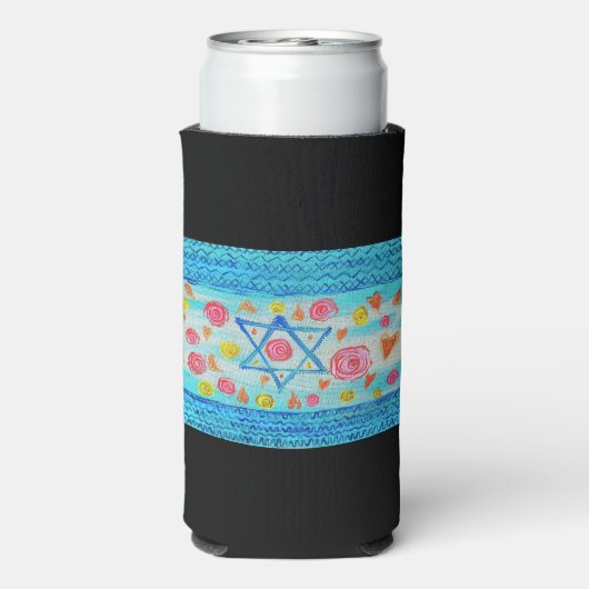 Whimsical israelische Flagge mit Blume & Herzen Selters Dosenkühler (Seltzer Rückseite)