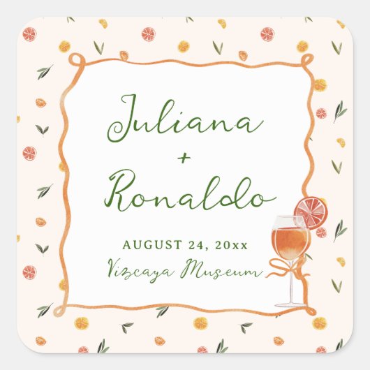Whimsical Italian Citrus Wedding Quadratischer Aufkleber (Vorderseite)