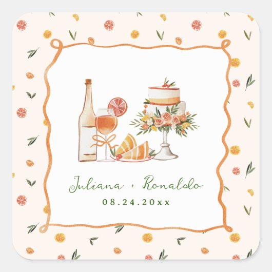 Whimsical Italian Citrus Wedding Quadratischer Aufkleber (Vorderseite)