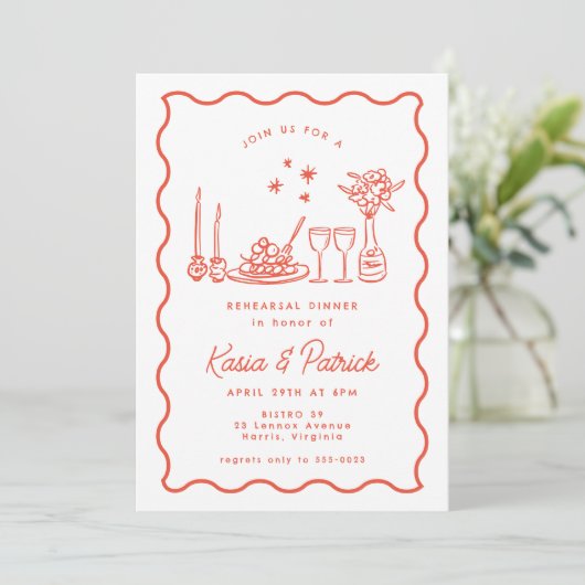 Whimsical Italian Doodle Wedle Probe Dinner Einladung (Stehend Vorderseite)