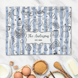 Whimsical Italian Food Illustration Blue Stripes Geschirrtuch
