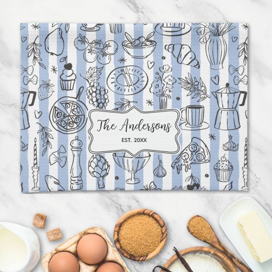 Whimsical Italian Food Illustration Blue Stripes Geschirrtuch