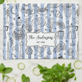 Whimsical Italian Food Illustration Blue Stripes Geschirrtuch (Gefaltet)