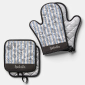 Whimsical Italian Food Illustration Blue Stripes Ofenhandschuh & Topflappen-Set (Vorderseite/Rückseite)