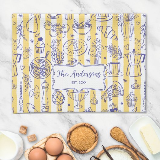 Whimsical Italian Food Illustration Yellow Stripes Geschirrtuch