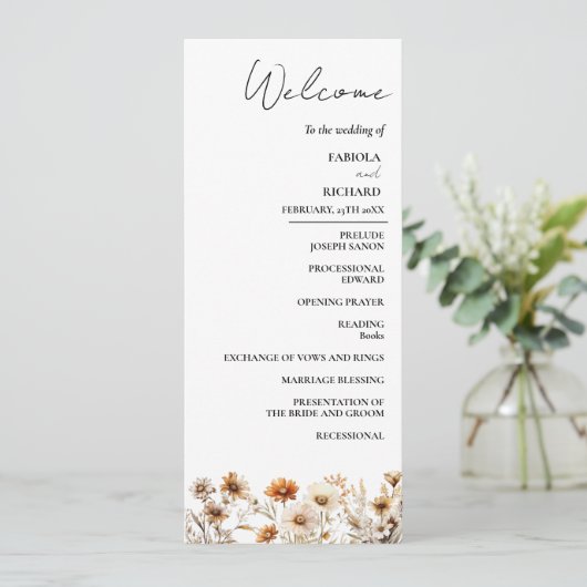 Whimsical Ivory Wildblume Wedding Program Card Einladung (Stehend Vorderseite)
