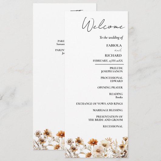 Whimsical Ivory Wildblume Wedding Program Card Einladung (Vorne/Hinten)
