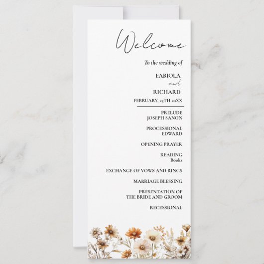Whimsical Ivory Wildblume Wedding Program Card Einladung (Vorderseite)