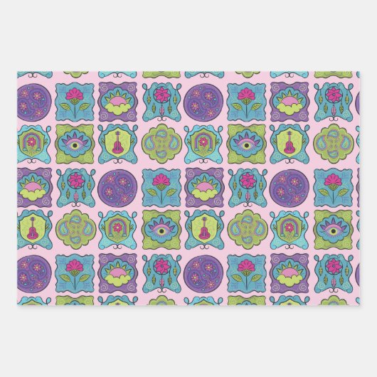 Whimsical Jewel Tones Handgezeichnete Boho Frames Geschenkpapier Set (Vorderseite 2)