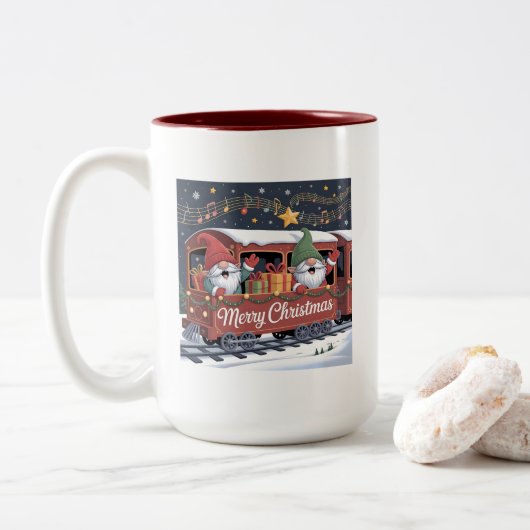 Whimsical Jolly Gnomes Musical Express Zweifarbige Tasse (Mit Donut)