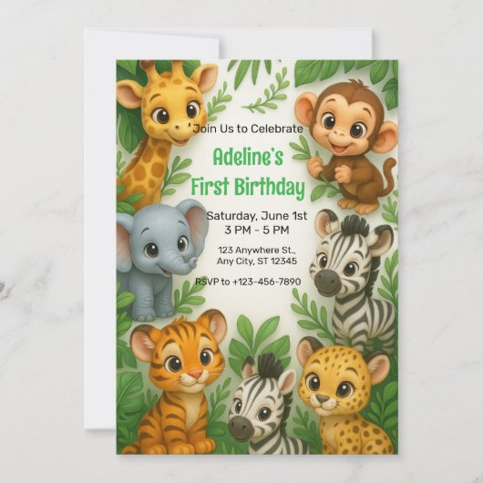 Whimsical Jungle Animals Wild 1 1. Geburtstag Einladung (Vorderseite)