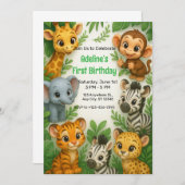 Whimsical Jungle Animals Wild 1 1. Geburtstag Einladung (Vorne/Hinten)