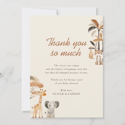 Whimsical Jungle Safari Animals Boy Baby Dusche Dankeskarte (Vorderseite)