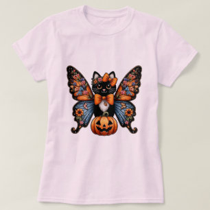 Whimsical Katze mit Schmetterlingsflügeln und Kürb T-Shirt