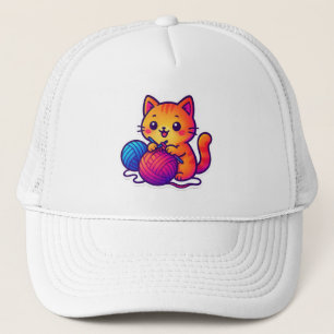 Whimsical Kawaii Cat Knitting Szene mit Oversified Truckerkappe