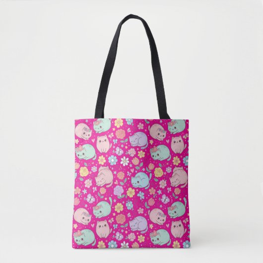 Whimsical Kawaii Pastel Cat and Floral Seamless Tasche (Vorderseite)